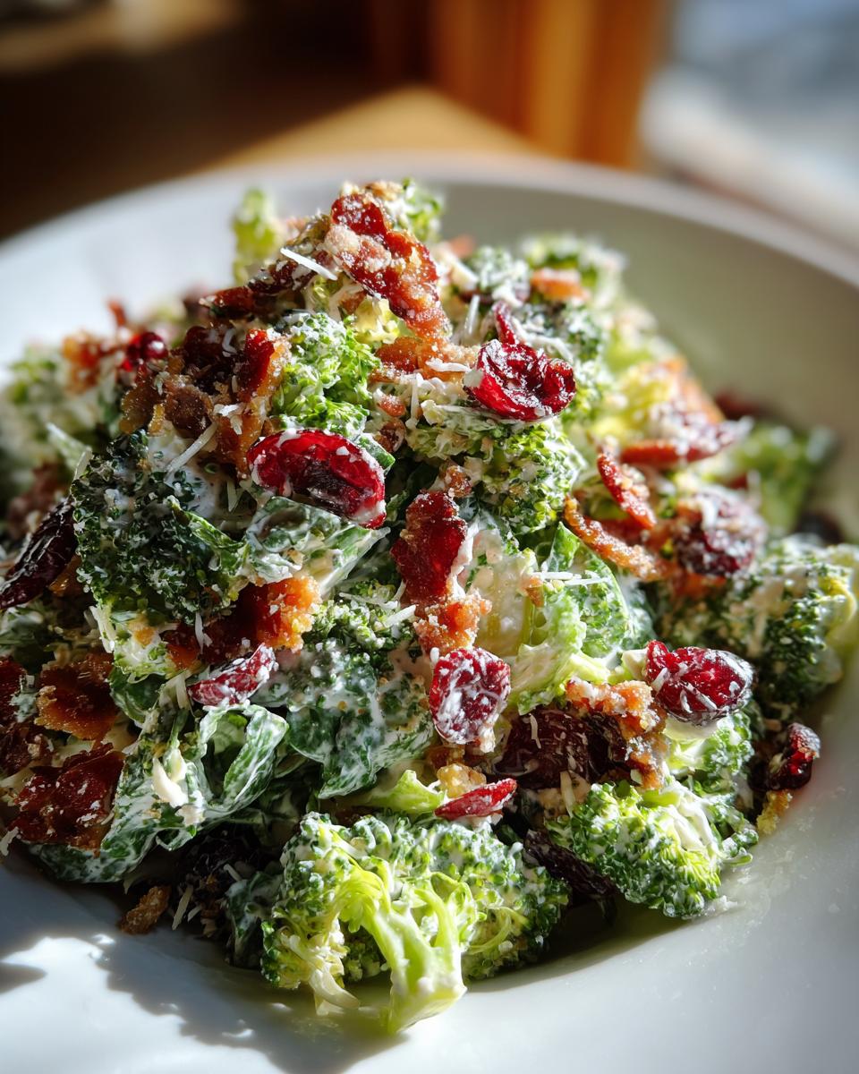 Close-up of a creamy broccoli salad topped with crumbled bacon, dried cranberries, and shredded cheese.