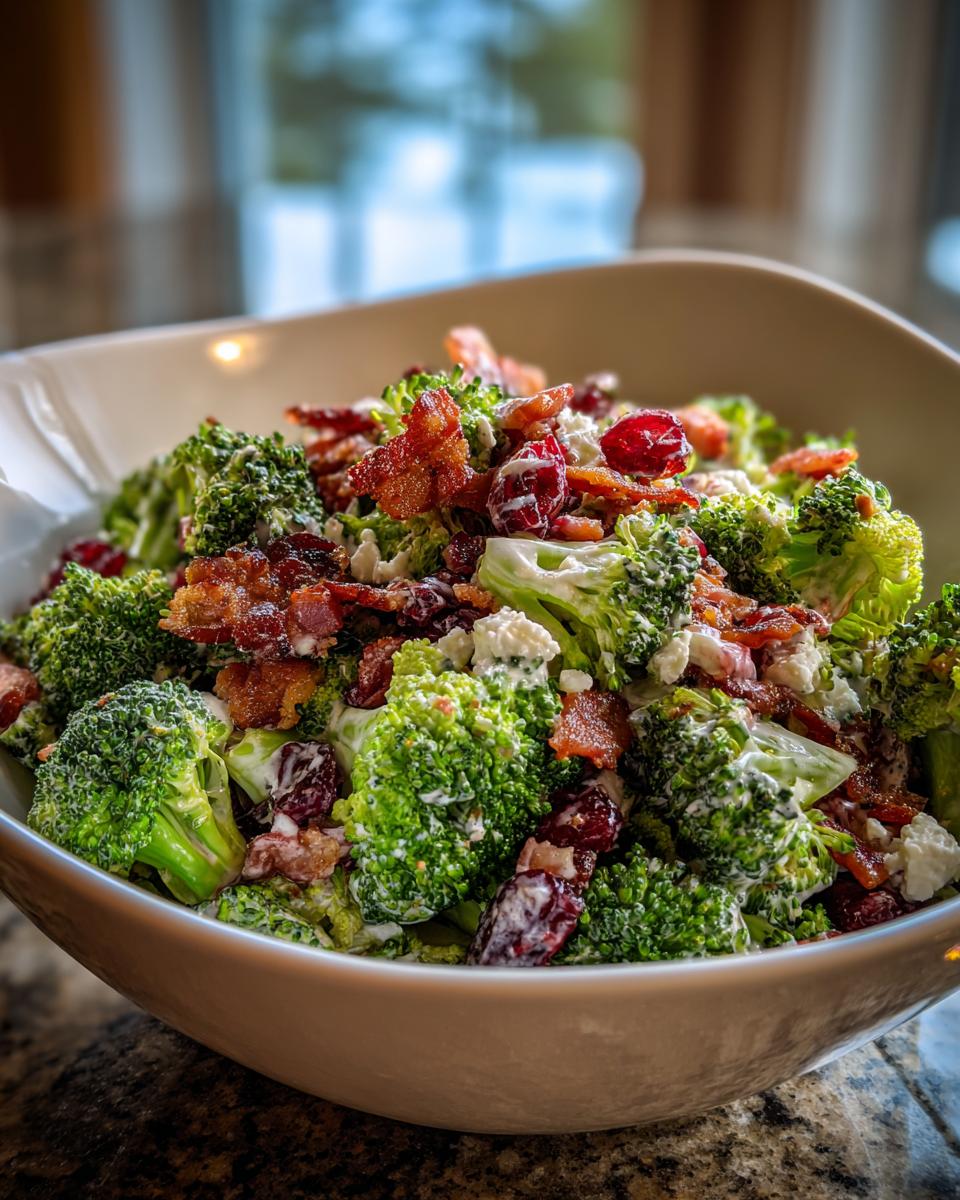 A close-up of a hearty bowl of creamy broccoli salad featuring fresh broccoli florets, crispy bacon, dried cranberries, and feta cheese.