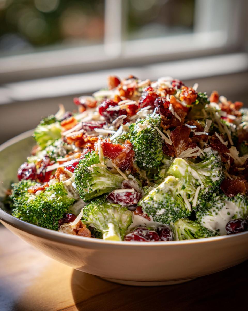 A close-up shot of a bowl filled with creamy broccoli salad, topped generously with bacon bits, dried cranberries, and shredded cheese.