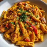 A close-up, appetizing shot of creamy cajun chicken pasta featuring penne, seasoned chicken pieces, and red peppers, topped with parsley.