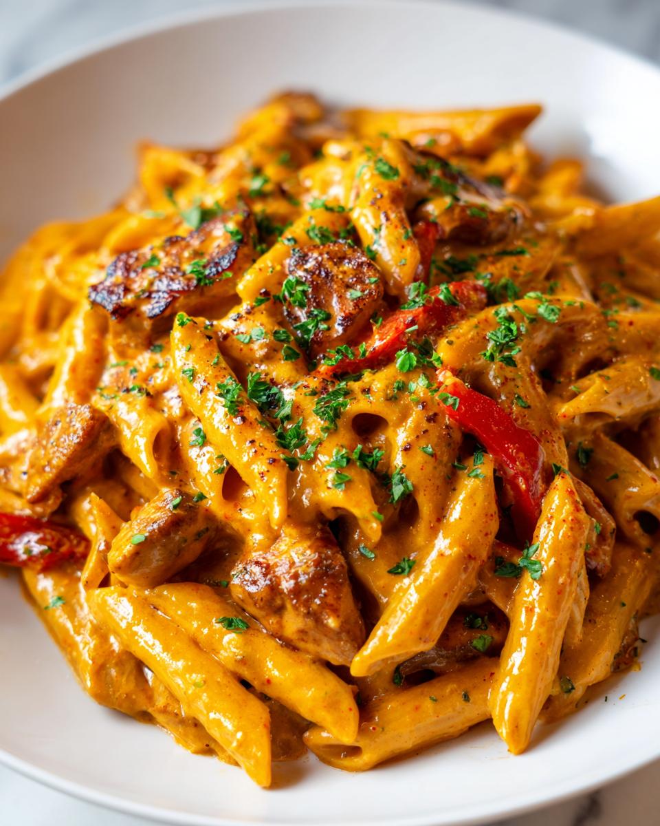 Close-up of penne pasta coated in a rich, orange sauce with chunks of seasoned chicken, red peppers, and fresh parsley, showcasing the creamy cajun chicken pasta.