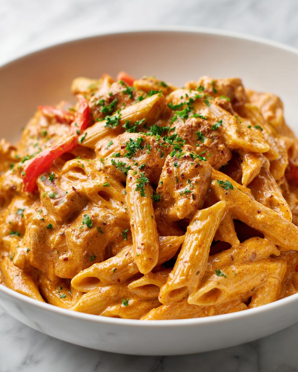 A close-up shot of creamy cajun chicken pasta featuring penne pasta, seasoned chicken chunks, and red peppers, garnished with parsley.