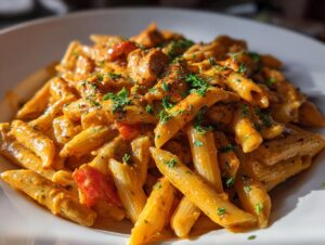 Close-up of creamy cajun chicken pasta featuring penne coated in rich orange sauce, garnished with parsley.