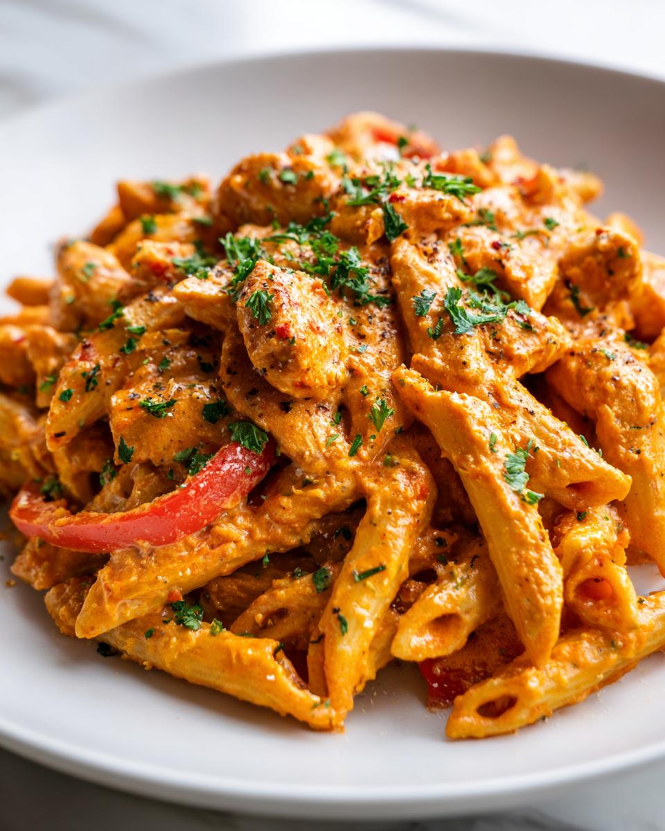 A close-up shot of creamy cajun chicken pasta featuring penne, chicken pieces, and red peppers, topped with fresh parsley.