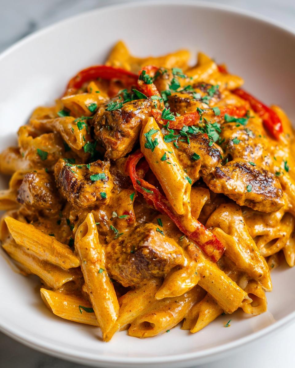 A close-up shot of creamy cajun chicken pasta featuring penne, seasoned chicken pieces, red peppers, and parsley garnish.