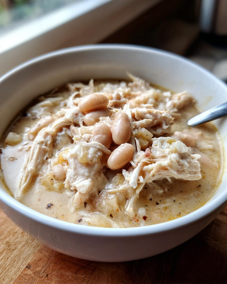 Close-up of creamy white bean chicken chili with shredded chicken and white beans in a white bowl.