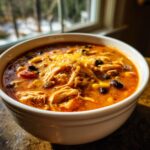 A close-up of a white bowl filled with rich, orange creamy chicken enchilada soup, topped with shredded cheese, chicken, beans, and corn.