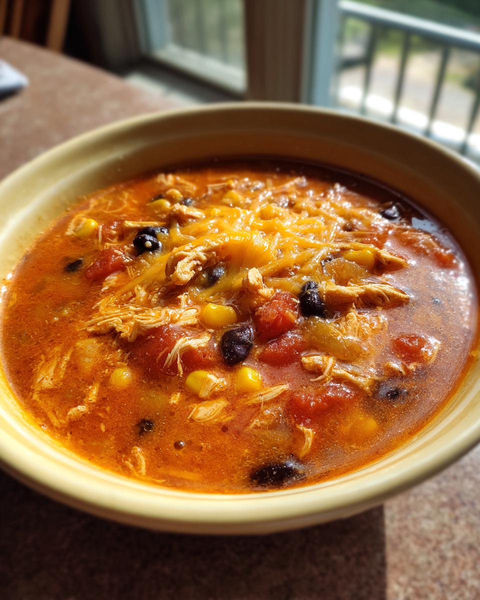 Close-up of a bowl of creamy chicken enchilada soup topped with melted shredded cheese, black beans, and corn.