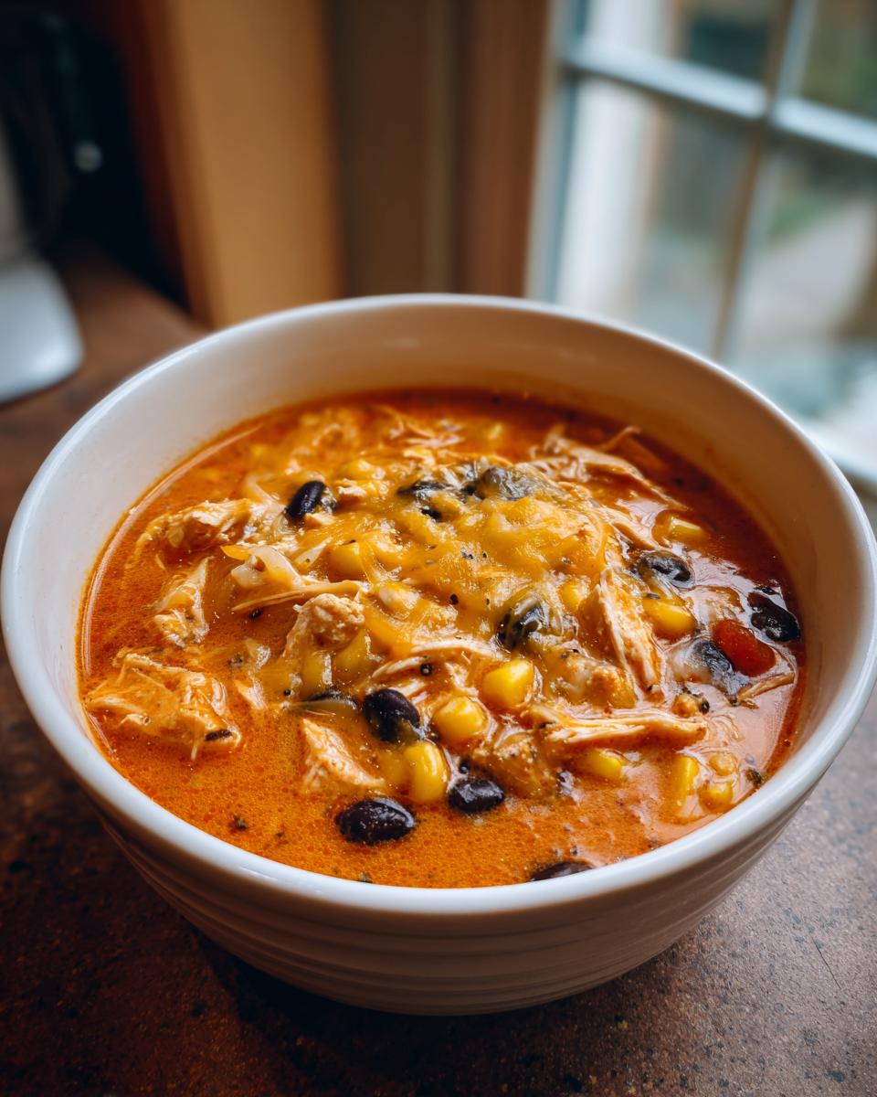 Close-up of a white bowl filled with rich, orange creamy chicken enchilada soup, topped with melted cheese, corn, and black beans.
