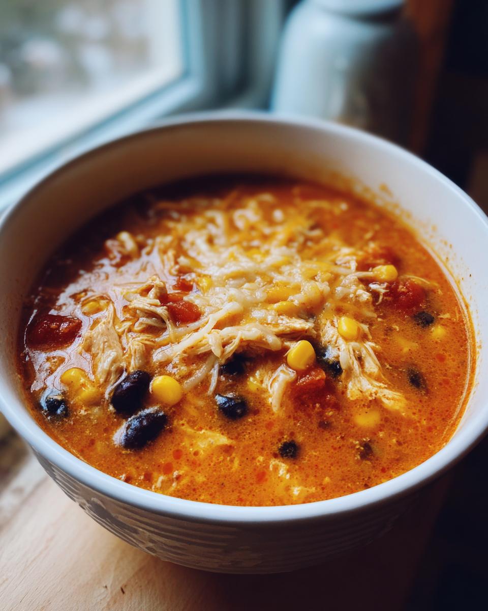 Close-up of a white bowl filled with rich, orange creamy chicken enchilada soup, topped with melted cheese, chicken, corn, and black beans.