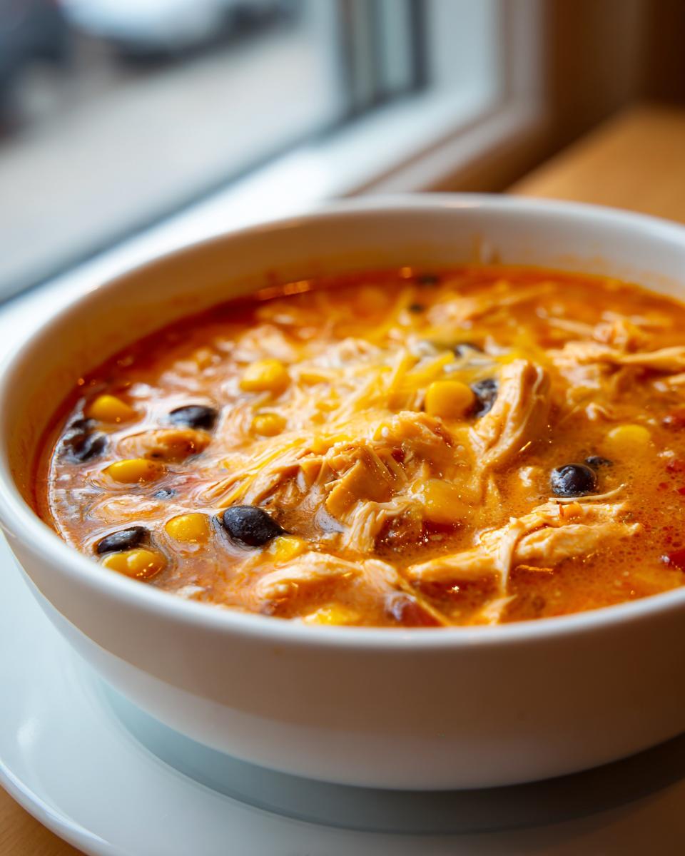Close-up of a white bowl filled with rich, creamy chicken enchilada soup topped with melted cheese, corn, and black beans.