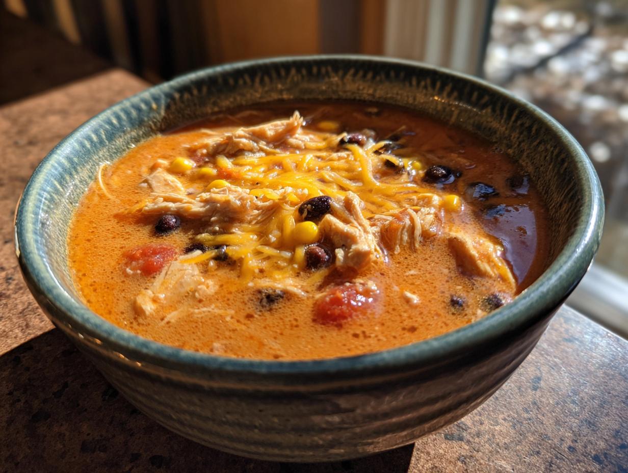 A close-up of a hearty bowl of creamy chicken enchilada soup topped with shredded cheese, black beans, and corn.
