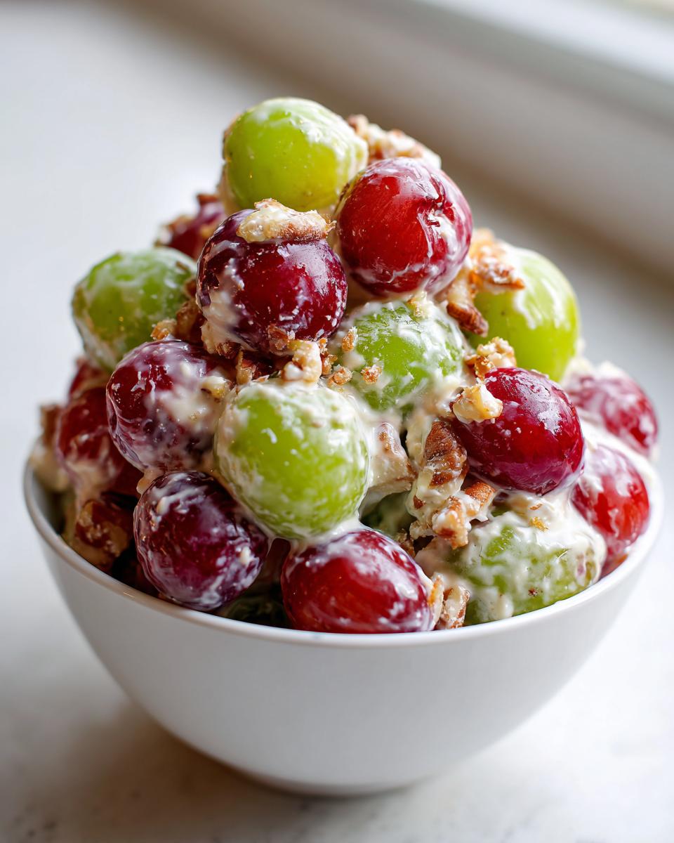 Close-up of creamy chicken salad chick grape salad featuring red and green grapes coated in dressing and topped with pecans.