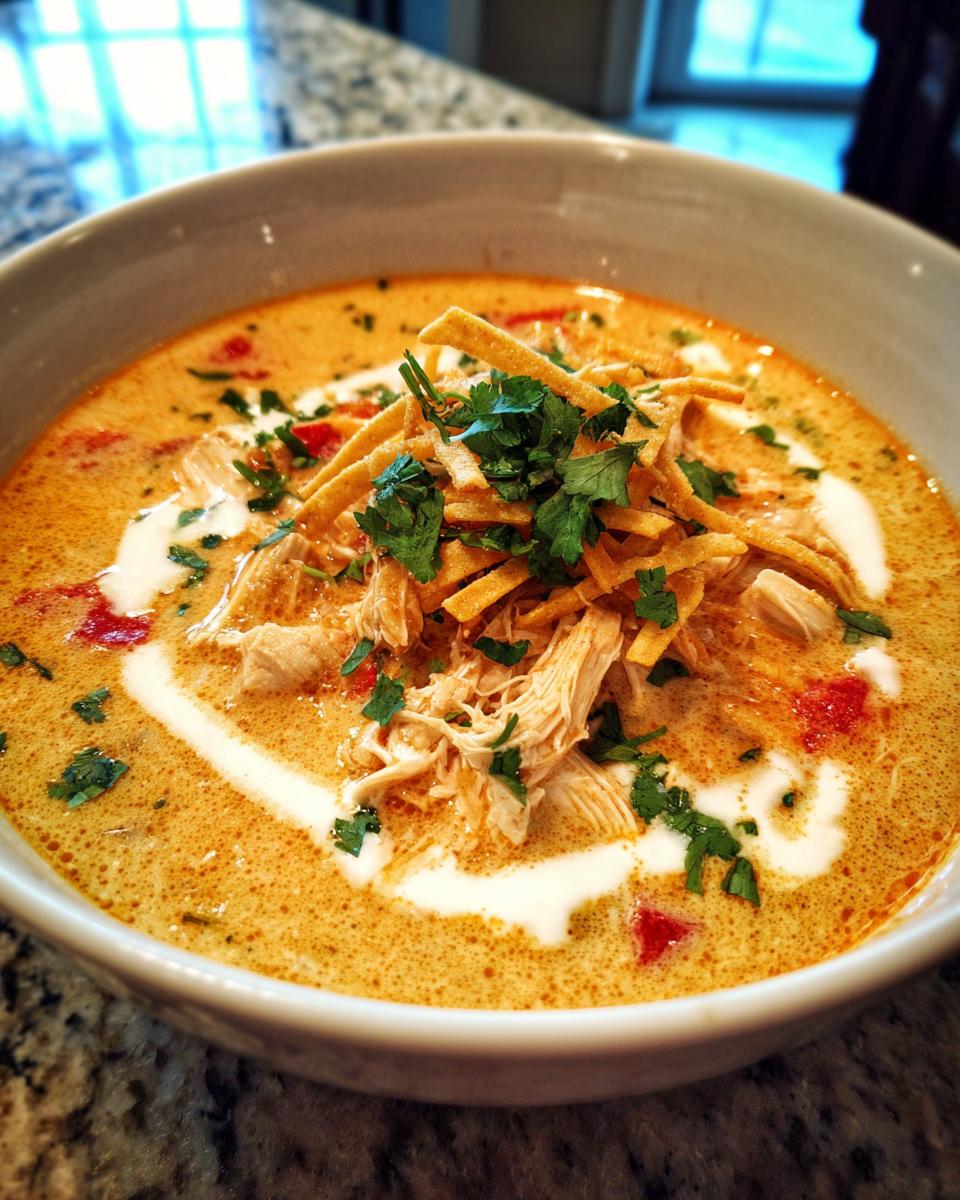 A close-up of a bowl of creamy chicken tortilla soup topped with shredded chicken, tortilla strips, cream, and cilantro.