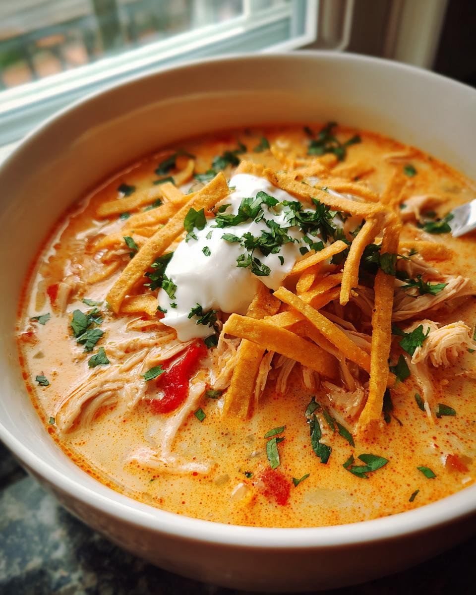 A close-up bowl of rich, creamy chicken tortilla soup topped with shredded chicken, tortilla strips, sour cream, and cilantro.