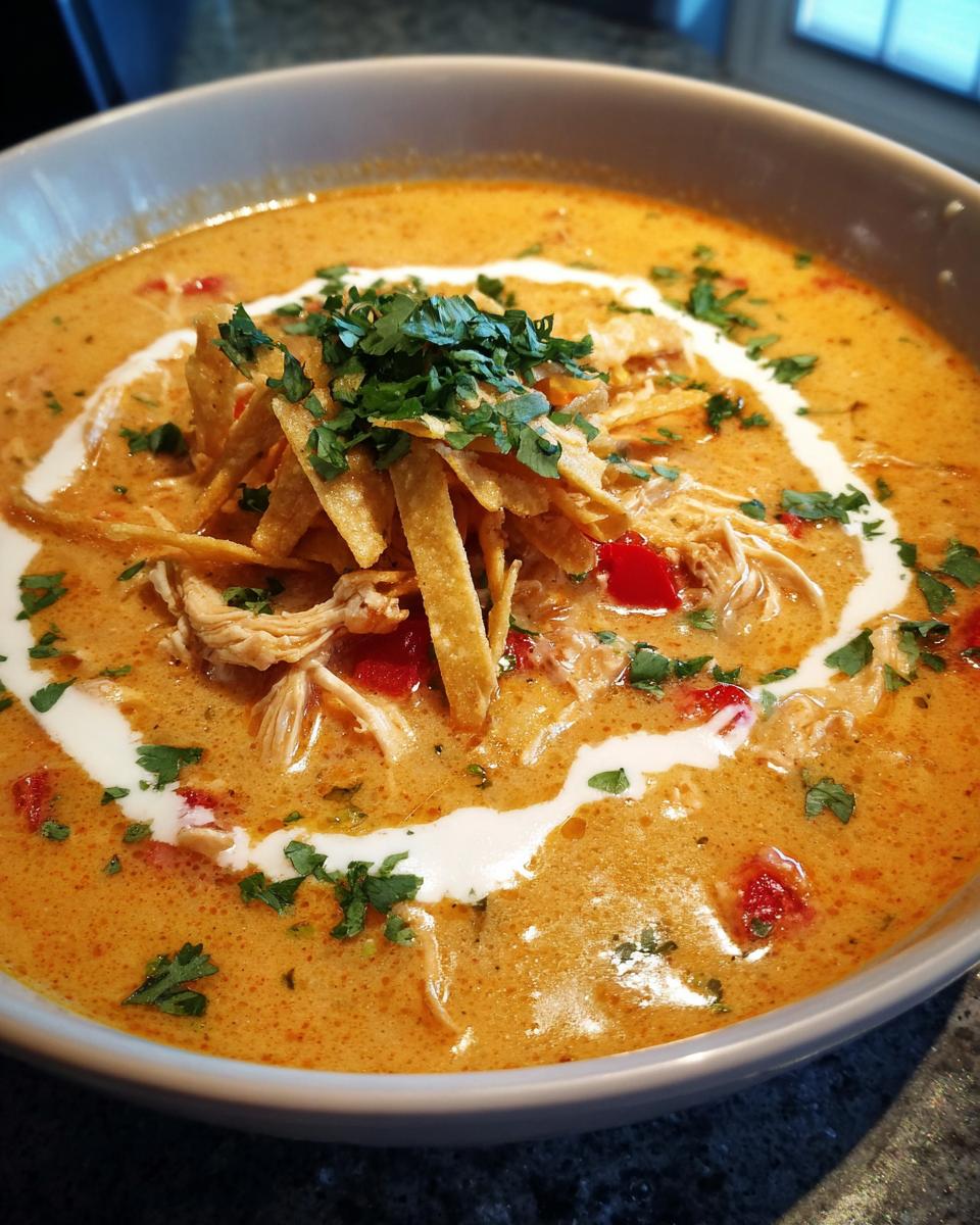Close-up of a bowl of creamy chicken tortilla soup, garnished with tortilla strips, cream swirl, and cilantro.
