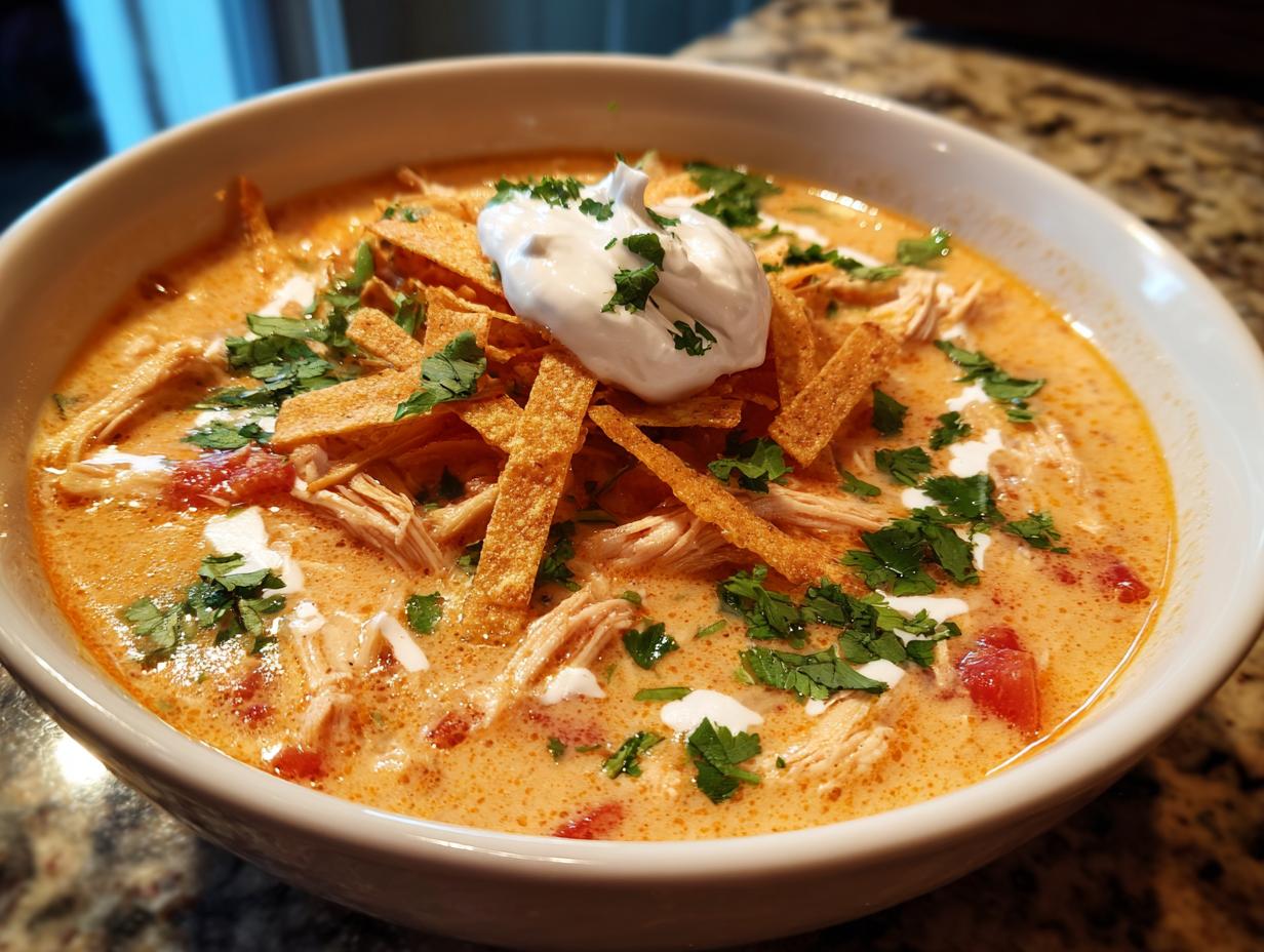 A close-up of a bowl of creamy chicken tortilla soup topped with shredded chicken, tortilla strips, sour cream, and cilantro.