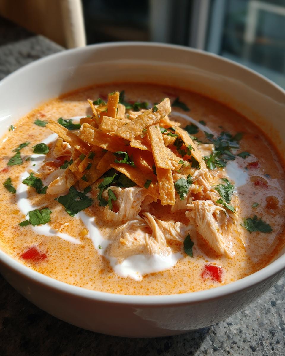 Close-up of a bowl of creamy chicken tortilla soup topped with shredded chicken, sour cream, cilantro, and crispy tortilla strips.