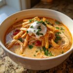 A close-up of a bowl of creamy chicken tortilla soup topped with shredded chicken, tortilla strips, sour cream, and cilantro.