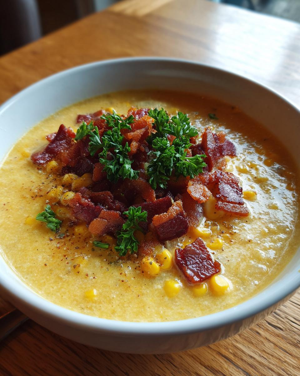 A close-up of a bowl of rich, creamy corn chowder topped with crispy bacon bits and fresh parsley.