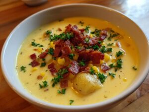 A close-up view of a bowl of creamy corn chowder, topped generously with crispy bacon bits and fresh parsley.