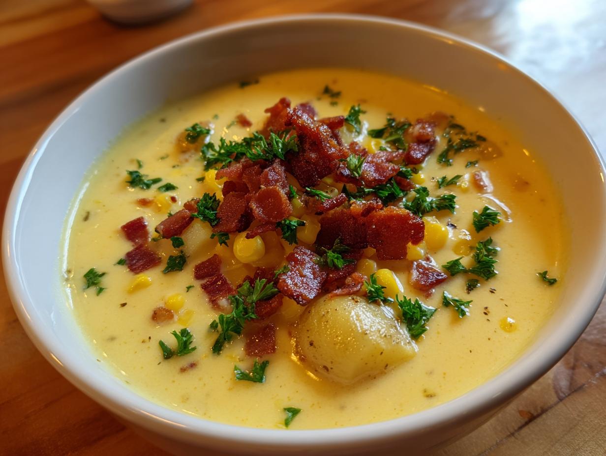 A close-up view of a bowl of creamy corn chowder, topped generously with crispy bacon bits and fresh parsley.