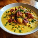A close-up of a rich, yellow bowl of creamy corn chowder loaded with potatoes, whole corn kernels, bacon bits, and fresh parsley.