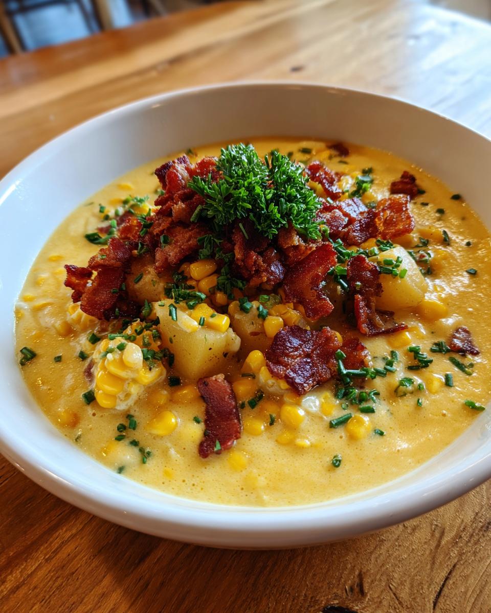 A close-up of a hearty bowl of creamy corn chowder, topped generously with crumbled bacon, potatoes, and fresh parsley.
