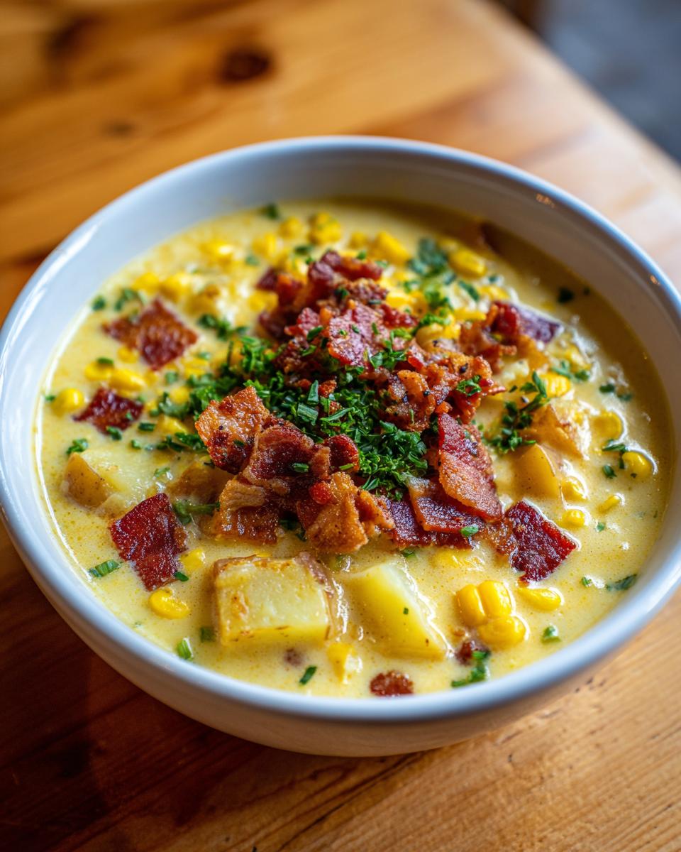 A close-up of a hearty bowl of creamy corn chowder, featuring chunks of potato, corn kernels, and topped generously with crumbled bacon and fresh chives.
