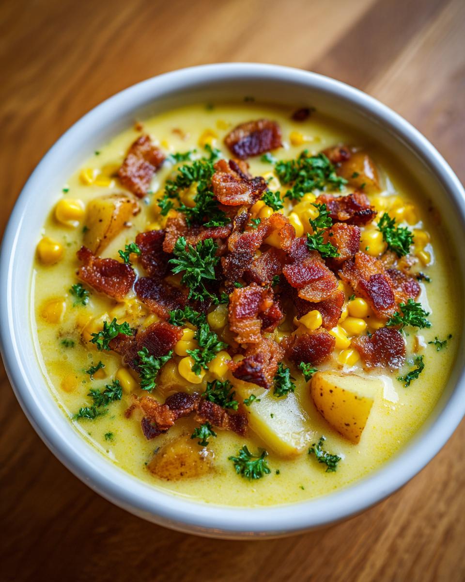 Overhead view of a bowl of rich, creamy corn chowder loaded with corn kernels, potato chunks, and topped generously with crispy bacon bits and fresh parsley.