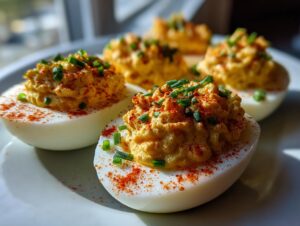 Close-up of creamy deviled eggs garnished with paprika and fresh chives, ready to serve.