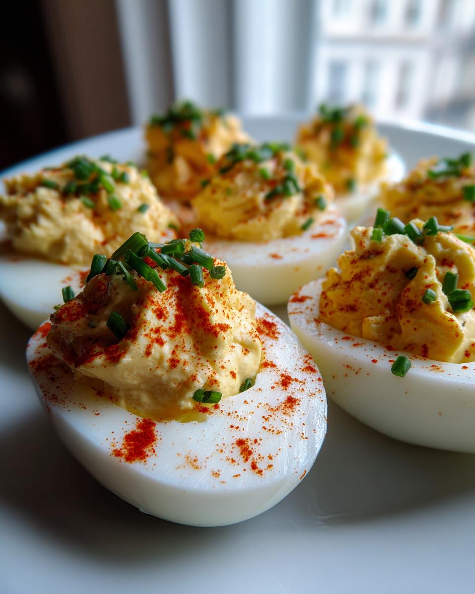 Close-up of creamy deviled eggs garnished with paprika and fresh chives on a white plate.