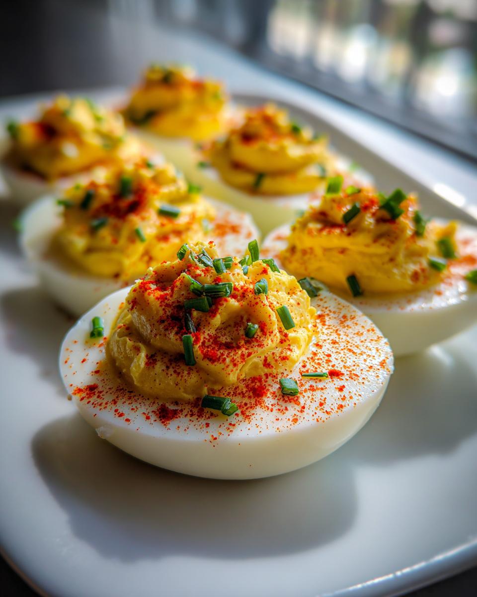 Close-up of creamy, piped deviled eggs garnished with paprika and fresh chives on a white platter.