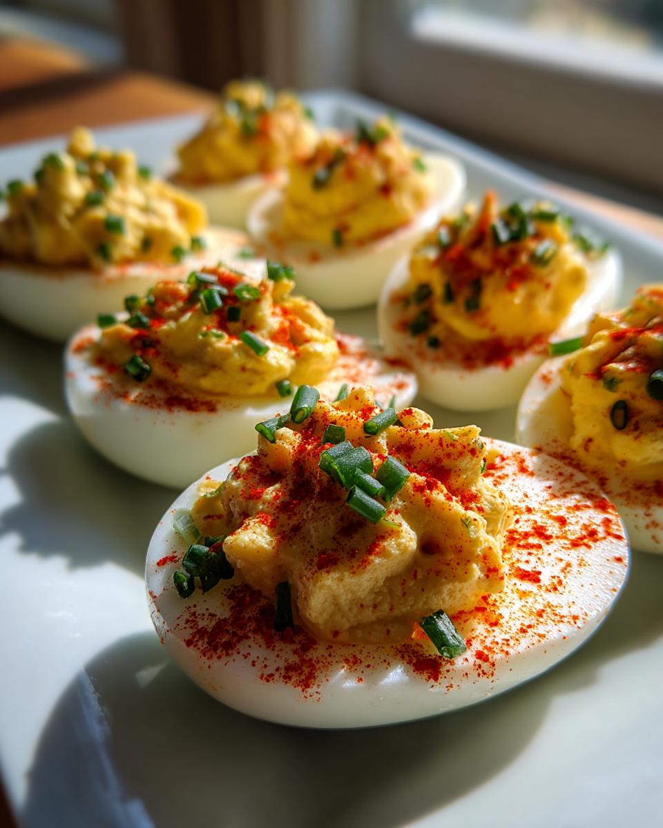 Close-up of several creamy deviled eggs topped with paprika and fresh chives on a white platter.
