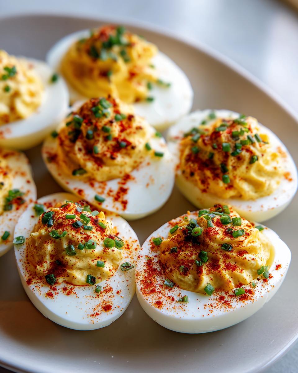 Close-up of several creamy deviled eggs garnished with paprika and chopped chives on a light plate.