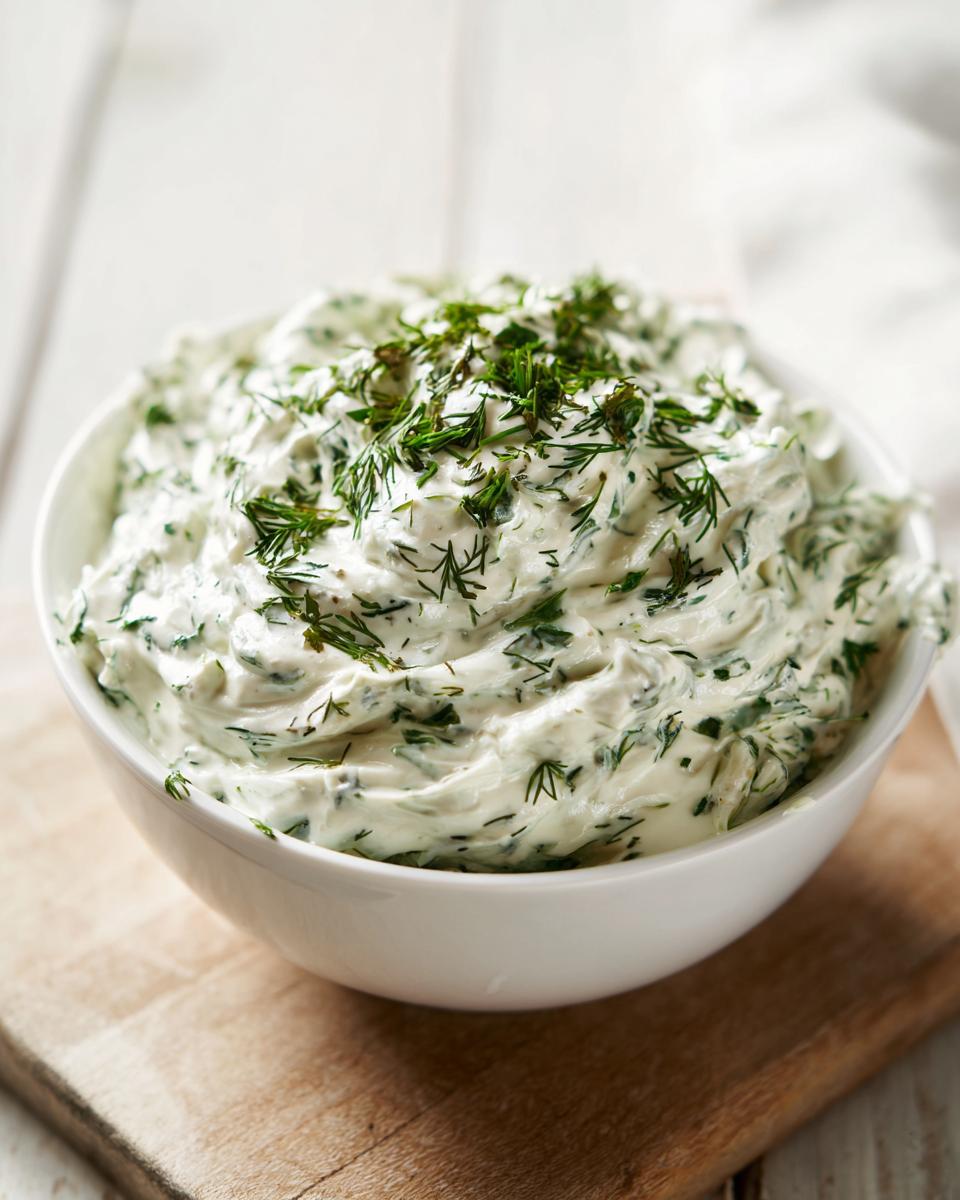 Close-up of a creamy, white dill dip generously topped with fresh chopped dill, served in a white bowl.