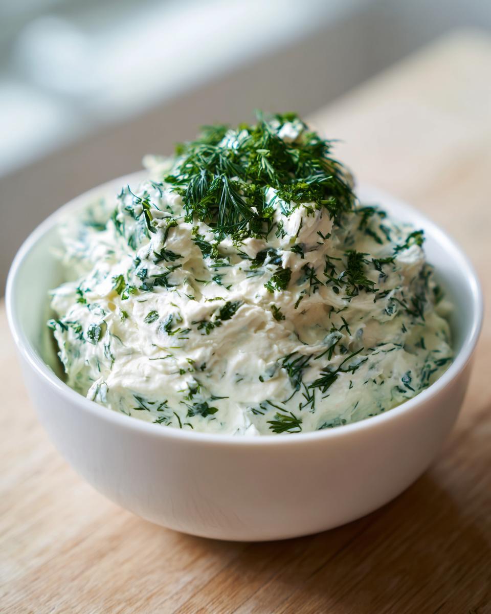 A close-up of a white bowl filled with creamy dill dip, generously topped with fresh dill.