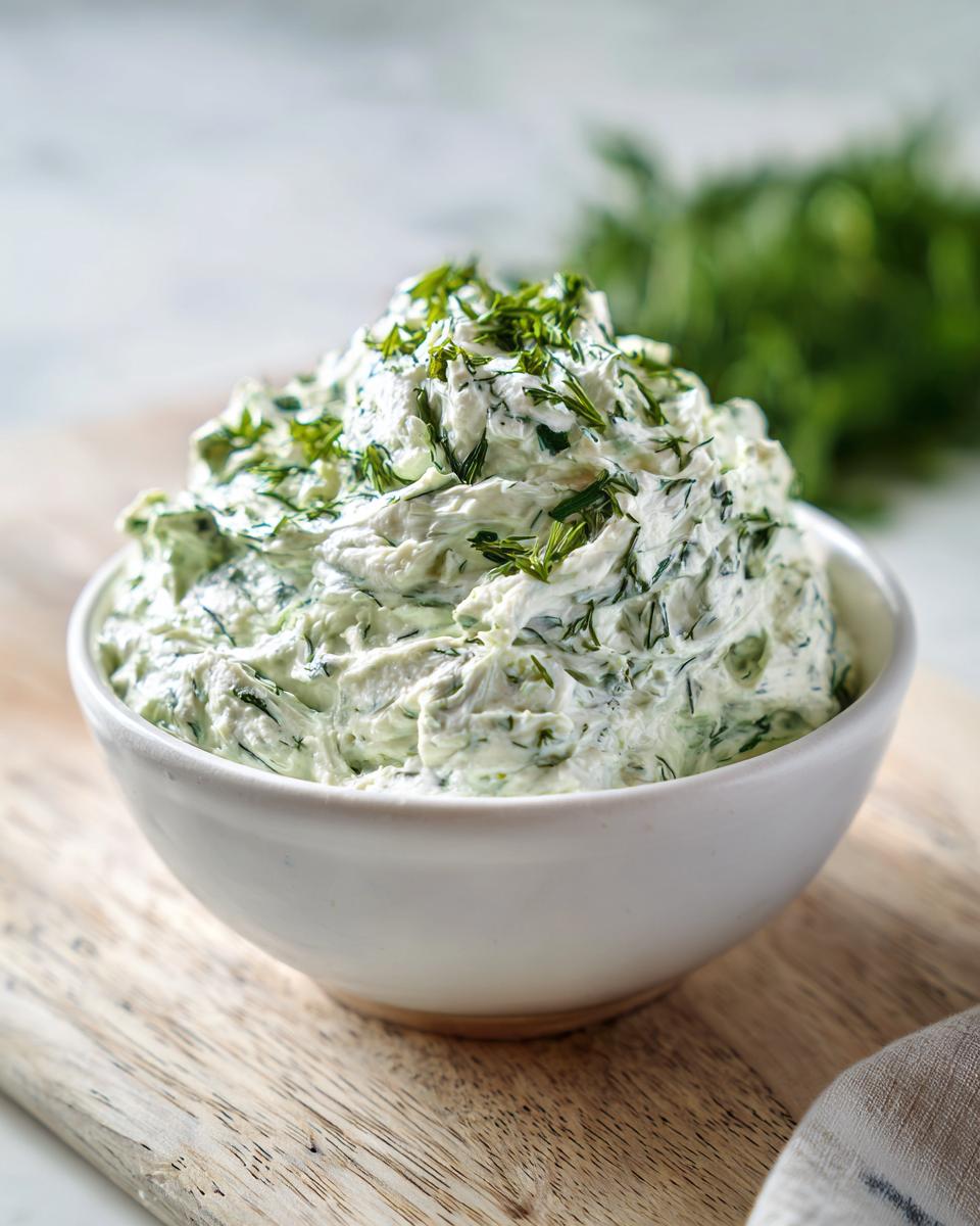 A close-up of a creamy, green-flecked dill dip piled high in a white bowl, garnished with fresh dill.