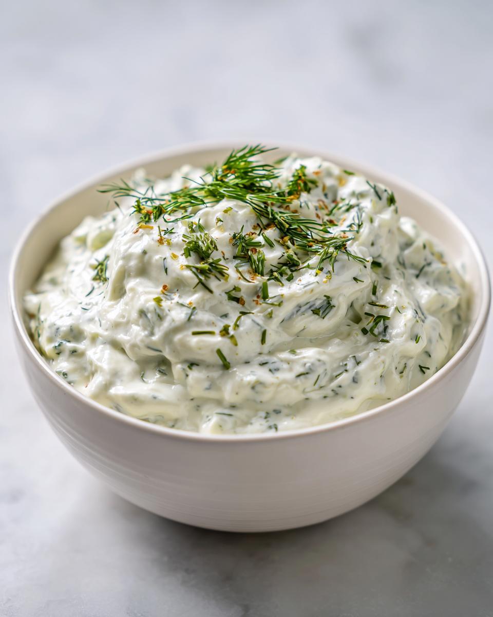 A close-up of creamy dill pickle dip in a white bowl, topped generously with fresh dill.