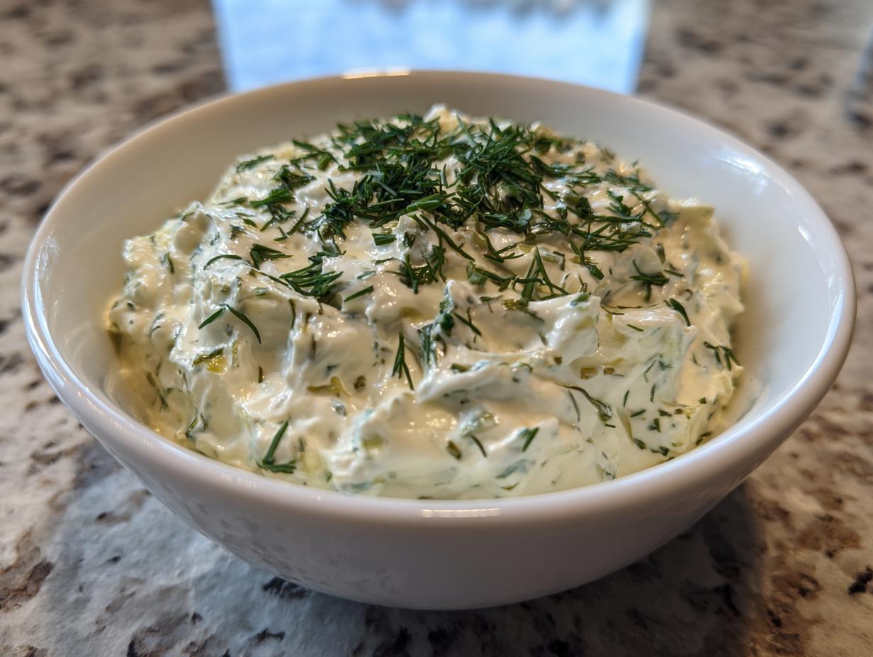 Close-up of creamy dill pickle dip in a white bowl, generously topped with fresh chopped dill.