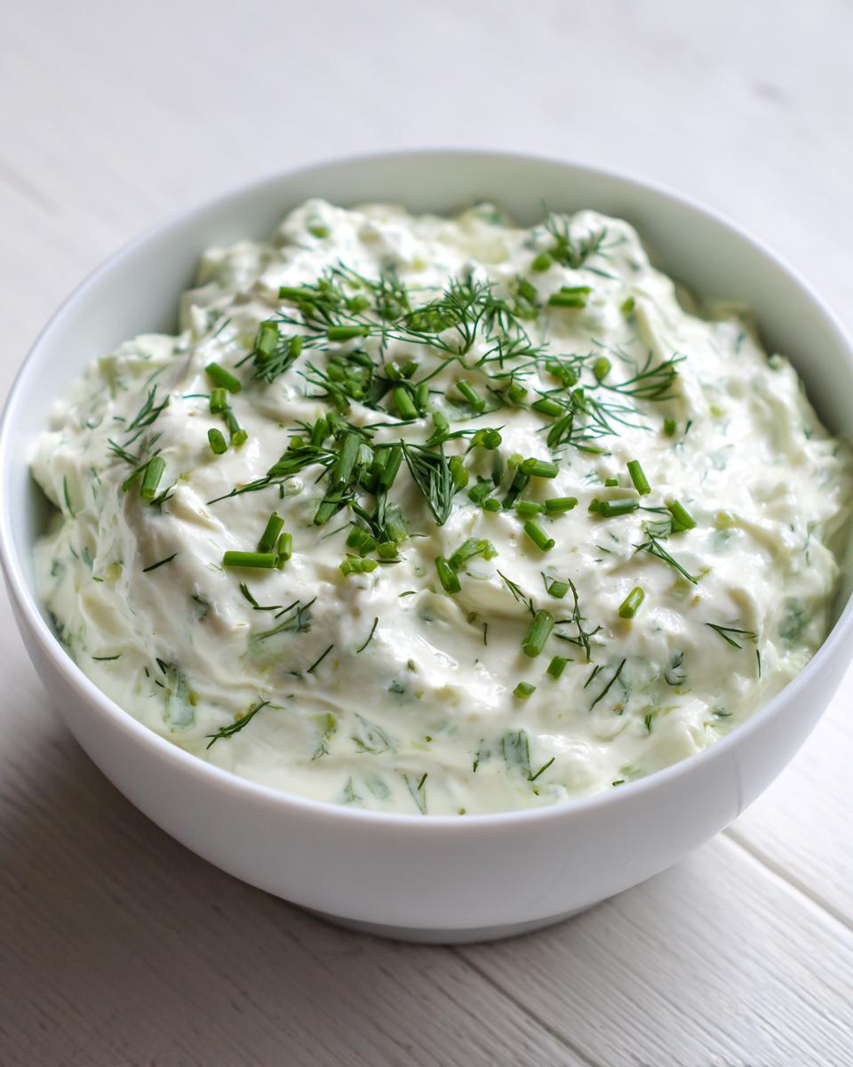 A close-up of creamy dill pickle dip in a white bowl, garnished generously with fresh chopped chives and dill.