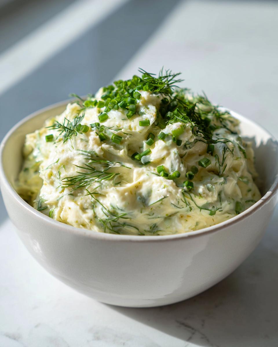 A close-up of creamy dill pickle dip in a white bowl, heavily garnished with fresh chopped chives and dill.