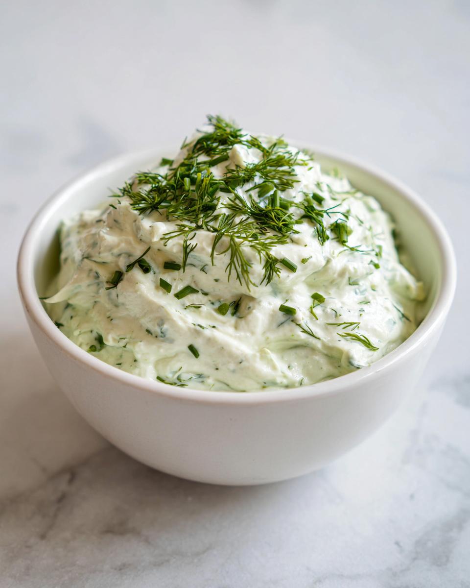 A white bowl filled with creamy dill pickle dip, garnished generously with fresh dill and chives.
