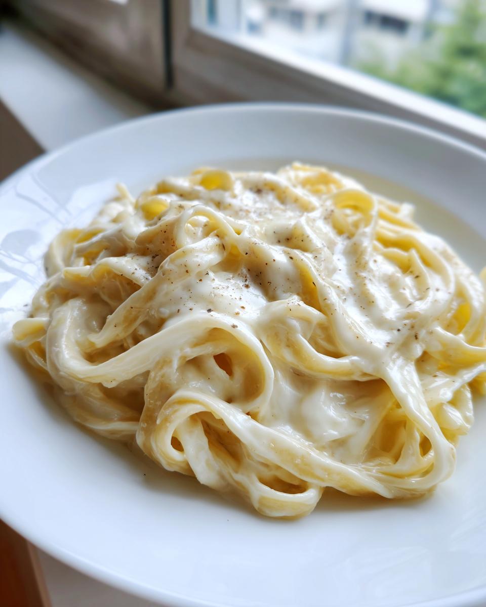 Close-up of fettuccine pasta coated in rich, creamy homemade alfredo sauce and sprinkled with black pepper.