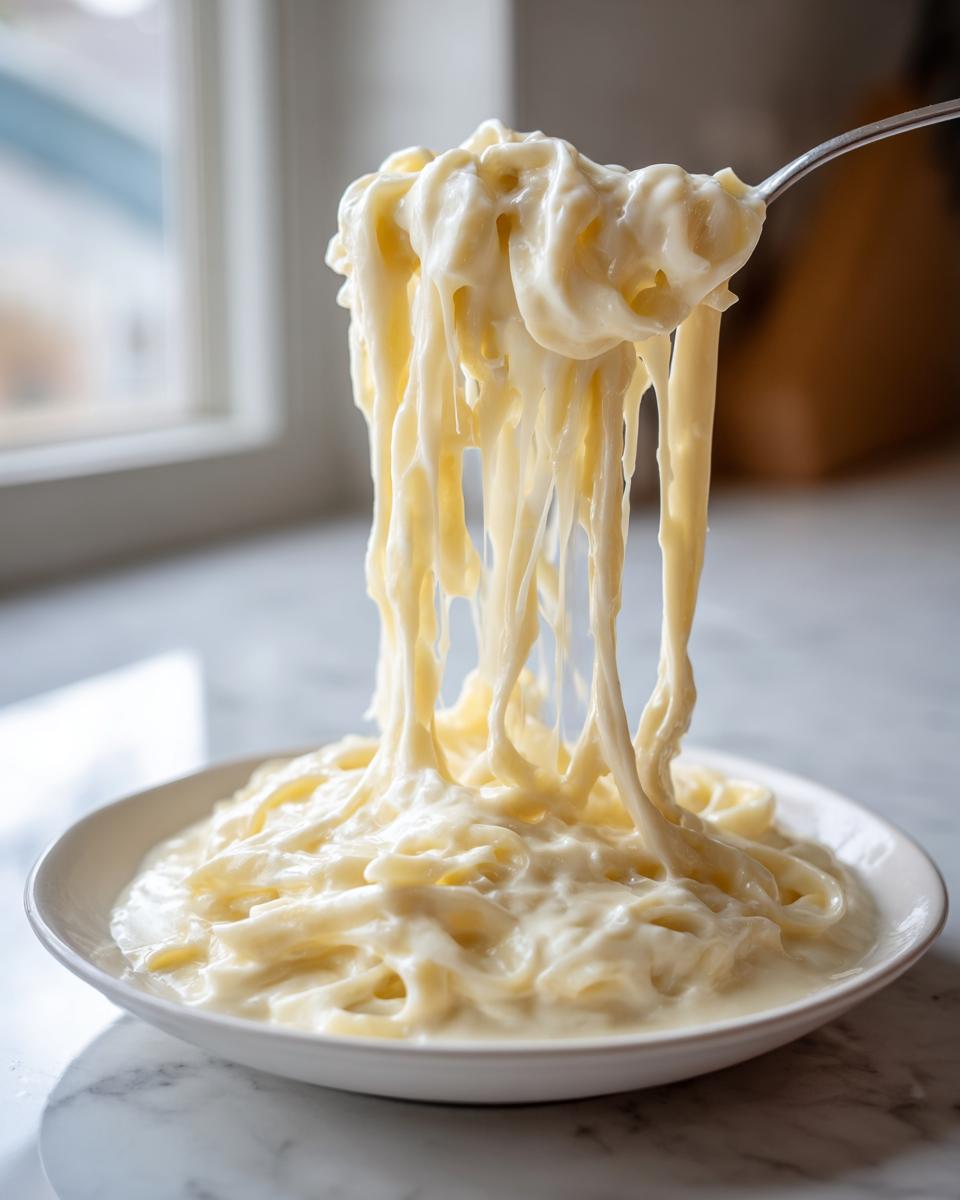 Fork lifting fettuccine coated in thick, creamy homemade alfredo sauce over a white bowl.