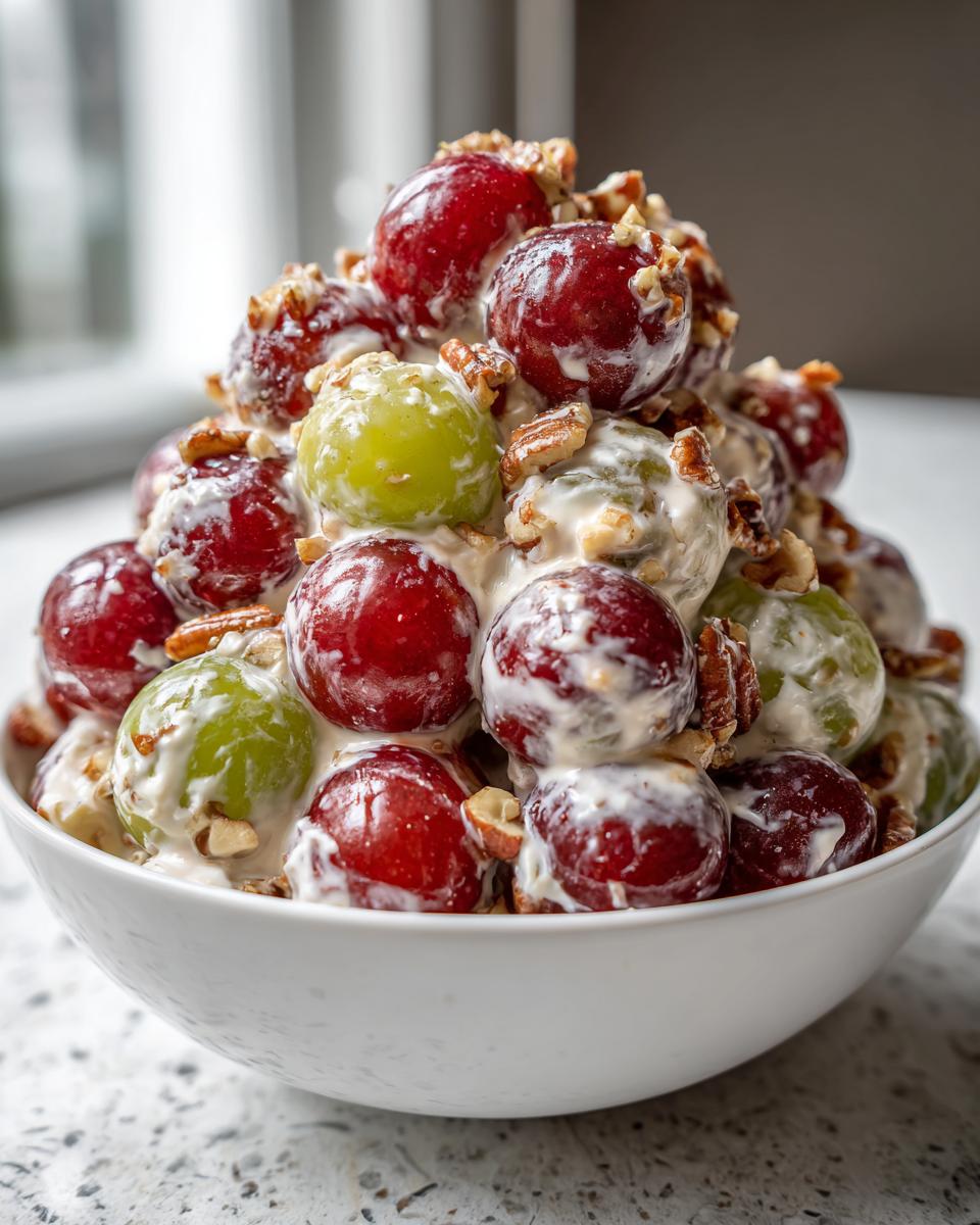 Close-up of a white bowl filled with creamy chicken salad chick grape salad, featuring red and green grapes coated in dressing and topped with pecans.