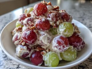 Close-up of a bowl filled with creamy chicken salad chick grape salad, featuring red and green grapes coated in dressing and topped with pecans.