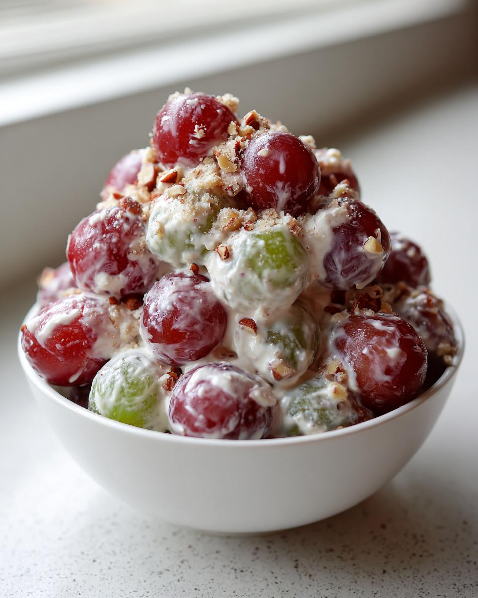 A close-up of a white bowl filled with creamy chicken salad chick grape salad, topped with chopped pecans.