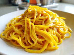 A close-up shot of bright yellow, saucy spaghetti representing creamy lemon pasta served on a white plate.