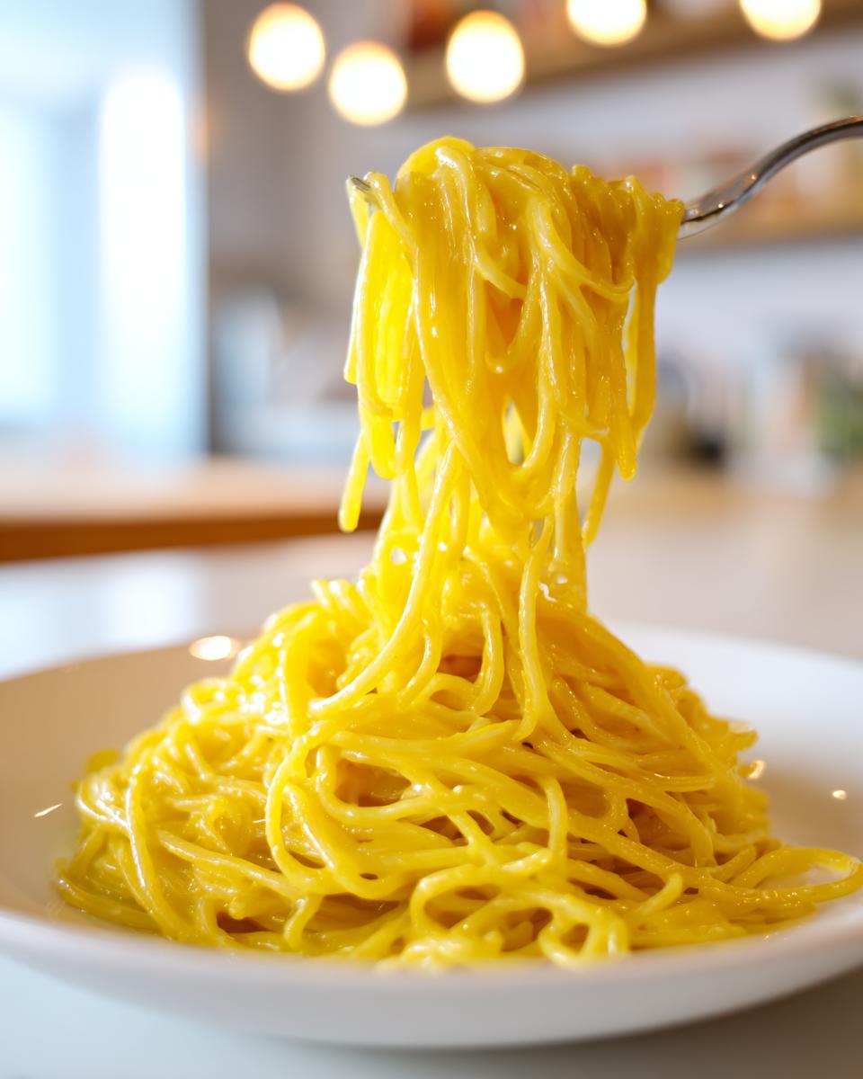 A fork lifts a generous portion of bright yellow, saucy creamy lemon pasta from a white plate.